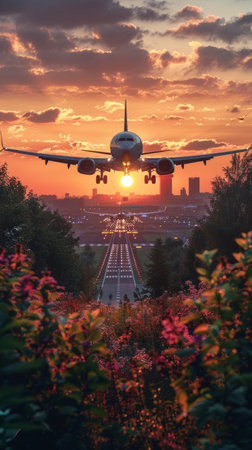 Commercial airplane taking off from airport runway at sunset. Beautiful view of empty city streetsの素材