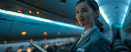 Young, beautiful flight attendant, stewardess standing in plane. Assistance and coordination of passengers inside aircraft.の素材