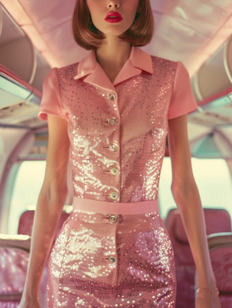Cropped image of elegant, beautiful blonde woman, flight attendant in sparkling pink costumeの素材