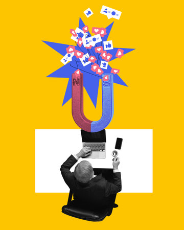 Man working on laptop with magnet attracting social media icons. Contemporary art collage. Social...