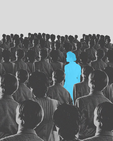 Blue silhouette pf person standing in monochrome crowd of different people. Conceptual design. Individualism in modern society.の写真素材