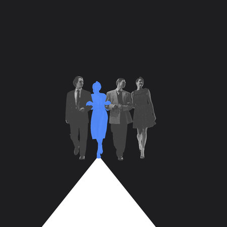 Monochrome group of people, friends with one woman in blue walking forward on white path. Conceptual...