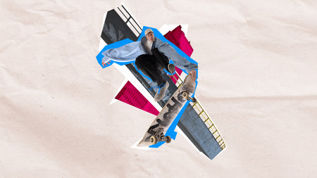 Skateboarder in casual clothes performing trick over urban background with vibrant colors....