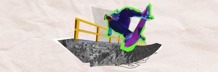 Skateboarder in neon performing trick over an urban background with abstract elements. Contemporary art collage.の写真素材