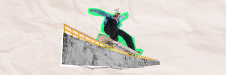 Skateboarder with doodle crown making tricks over monochrome urban background. Contemporary art...