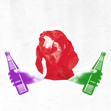 Monochrome red dog with abstract colored beer bottles against textured background. Contemporary art collage. Cheersの写真素材