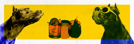 Two purebred monochrome dogs with cocktails against yellow background. Banner. Contemporary art...