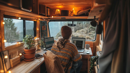 Back view of woman in sweater and hat, sitting at wooden desk and working on laptop in cozy, wood-paneled van home office with nature, forest view from windowの写真素材