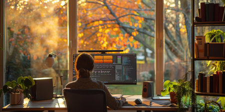 Back view of woman sitting at desk, working on giant computer monitor, with editing software, facing...