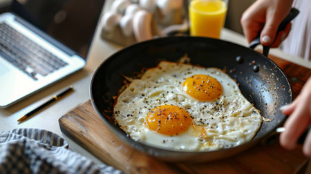 Close-up image of frying pan with frying eggs and laptop standing near. Working, watching tv shows...