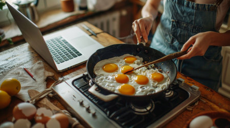 Close-up image of female hands, frying pan with frying eggs and laptop standing near. Working, watching tv shows and cooking at the same timeの写真素材