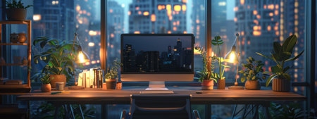 Home office during twilight. Desk, modern computer setup with blank monitor screen standing by window. Workspace with various potted plants. Cityscape view on backgroundの写真素材