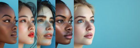 Multicultural beauty standards. Profile view of five women with different skin tones against blue background. Racial equality and female empowermentの素材