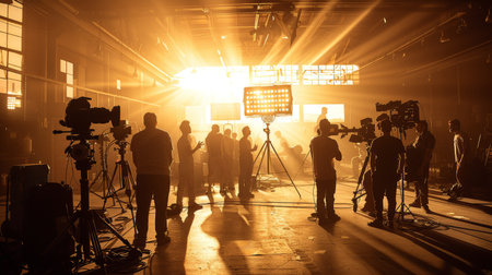 Warm light on film set bathed, creating silhouette effect. Indoor space with natural light. Crew members working with filming equipmentの素材