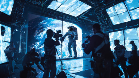 Moment on film set designed to simulate space environment. Actor in astronaut costume against large screen displaying image of Earth from orbit. Crew members standing around.の素材