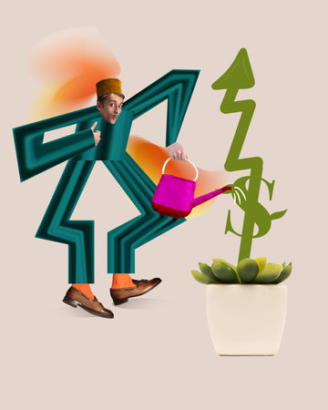 Contemporary art collage. Man with long arms and legs watering money tree with international money sign.の写真素材