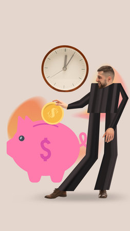 Contemporary art collage. Savings. Young man with long arms and legs puts to pink pig bank golden...