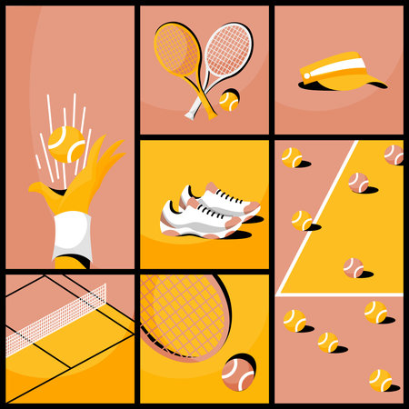 Creative collage. Set of tennis game items in pastel peach and yellow colors - racket, balls, sneakers, cap, court with netのイラスト素材