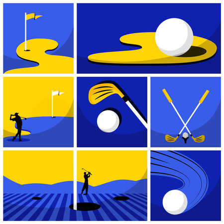 Creative collage. Set of golf items in blue and yellow colors - golfer silhouette, ball, green field and clubsのイラスト素材