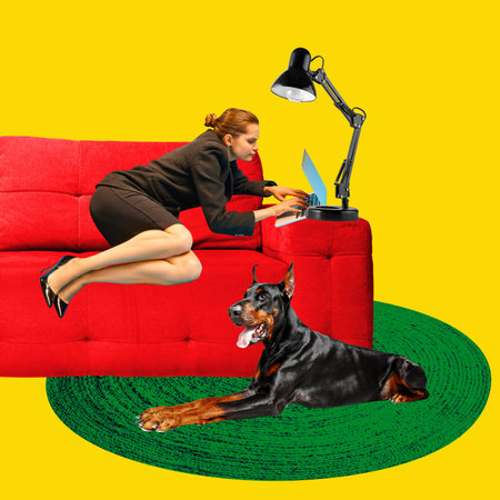 Contemporary art collage. Woman in business attire laying on red couch working on laptop with lamp and dog on green rug.の写真素材