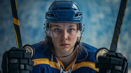 Portrait of young woman, hockey player with concentrated and serious gaze, in uniform and protective helmet on blurred backgroundの素材