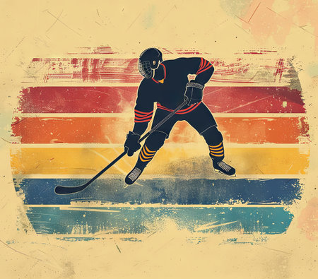 Illustration of a hockey player in action with a grunge vintage background. Banner design for winter sports eventsの素材