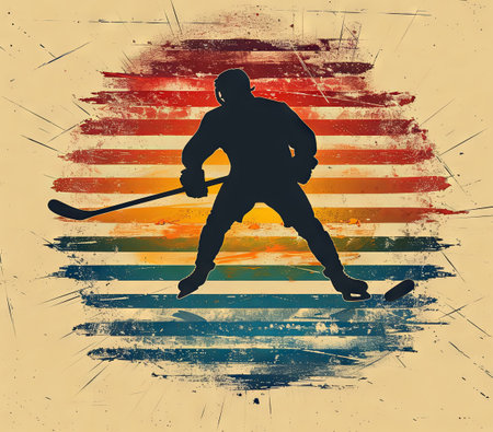 Illustration of a hockey player in action with a grunge vintage background. Banner design for winter sports eventsの素材