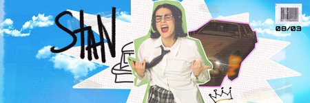 Young girl in school uniform style clothes listening to music in headphones and dancing over...
