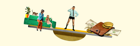 Businessman balancing between family and home life and business workflow. Conceptual contemporary...