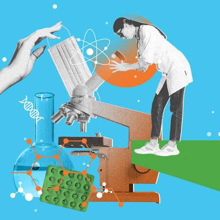 Pharmaceutical research labs. Contemporary art collage. Woman, doctor, researcher looking into...