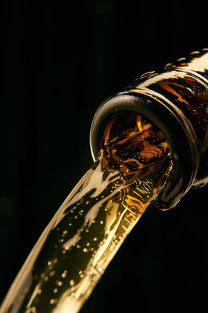 Beer pouring from bottle against black background. Traditional party drink, refreshmentの写真素材