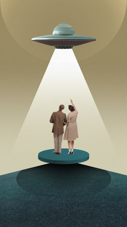 Couple looking at UFO with beam of light on circular platform, beige background. Contemporary art collage.の写真素材