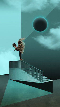 Person balancing on staircase railing under an eclipse, abstract geometric shapes. Contemporary art collage. Modern surrealistic workの写真素材