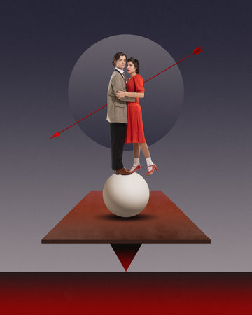 Young couple, man and woman in retro clothes standing on geometrical shapes against abstract background. Love. Contemporary art collage.の写真素材