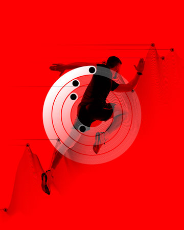 Dynamic image of athletic man in motion, running, training against red background with fitness...