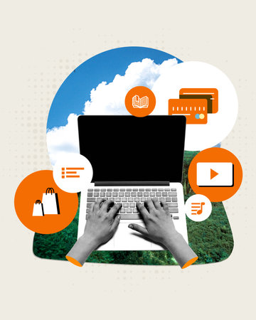 Human hands using laptop for work, education, shopping and leisure against nature background....