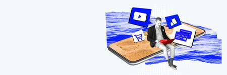 Businessman sitting on phone with sand background and using laptop for personal and working needs....
