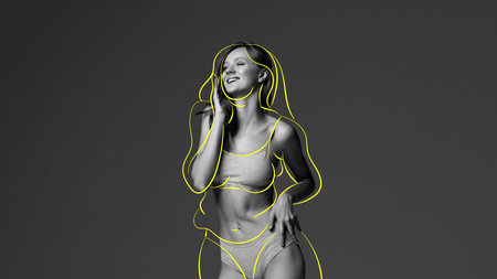 Body confidence and weight loss journey. Young woman with slim overlined body in underwear. Black and whiteの写真素材