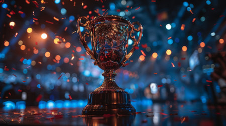 Golden trophy standing against blue neon background with lights and confetti. Banner. Winning gameの素材
