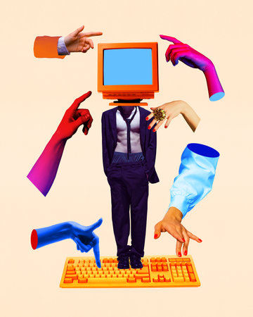 Man in a suit with retro computer monitor on head standing on keyboard with human hands typing....