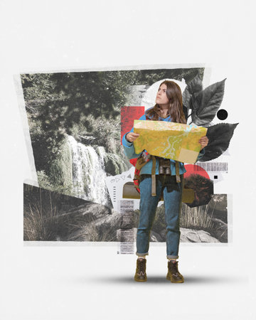 Young concentrated woman with thoughtful face standing with backpack and map against abstract waterfall background. Contemporary art collage.の写真素材