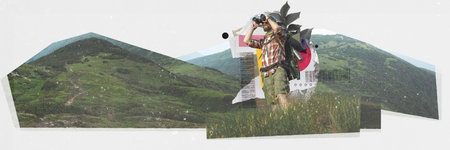 Young man with backpacks standing on mountain and looking in binoculars against nature background. Contemporary art collage.の写真素材