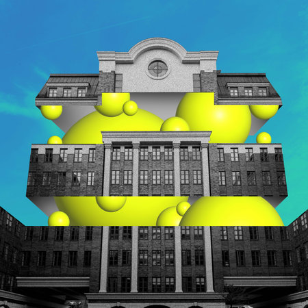 Monochrome building with abstract bright yellow sphere elements on blue background. Contemporary art collage.の写真素材