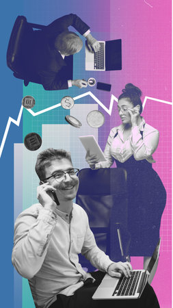 Group of employees working in office, growing financial aspects of company, developing strategy of...