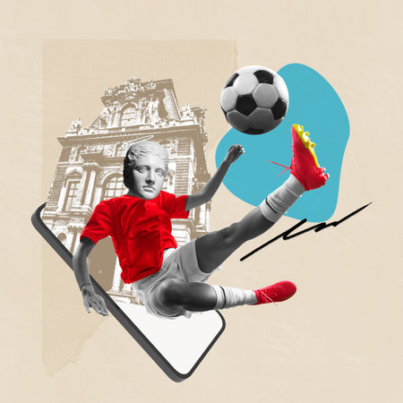 Dynamic image of woman with antique statue bust in motion over phone screen with old buildings element. Contemporary art collage.の写真素材