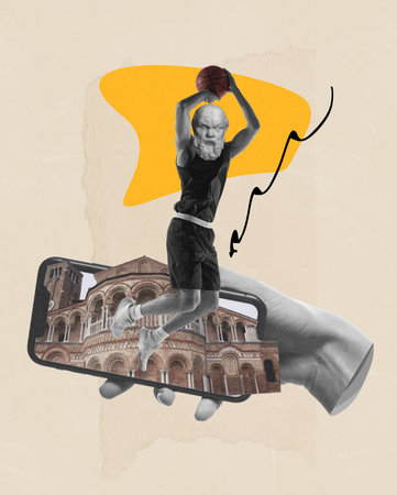 Muscular athlete with antique statue bust, basketball player in motion over phone screen with retro...