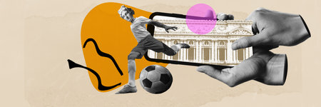 Concentrated male football player with antique statue bust playing over phone screen with building...