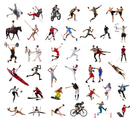 Collage. Athletes of different sports, men and women in motion, training isolated on white backgroundの写真素材