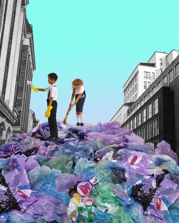Children, little boy and girl cleaning urban street. Ecology issues, pollution of nature....