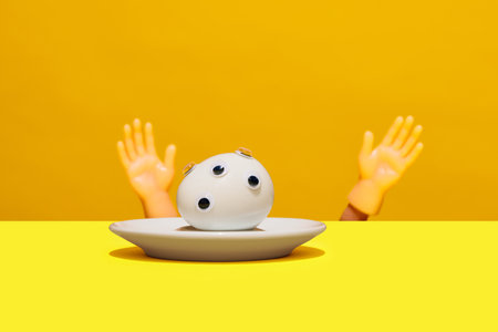 Boiled egg with googly eyes on it in small round plate and toy hands lying on yellow orange background. Artistic food representation.の写真素材